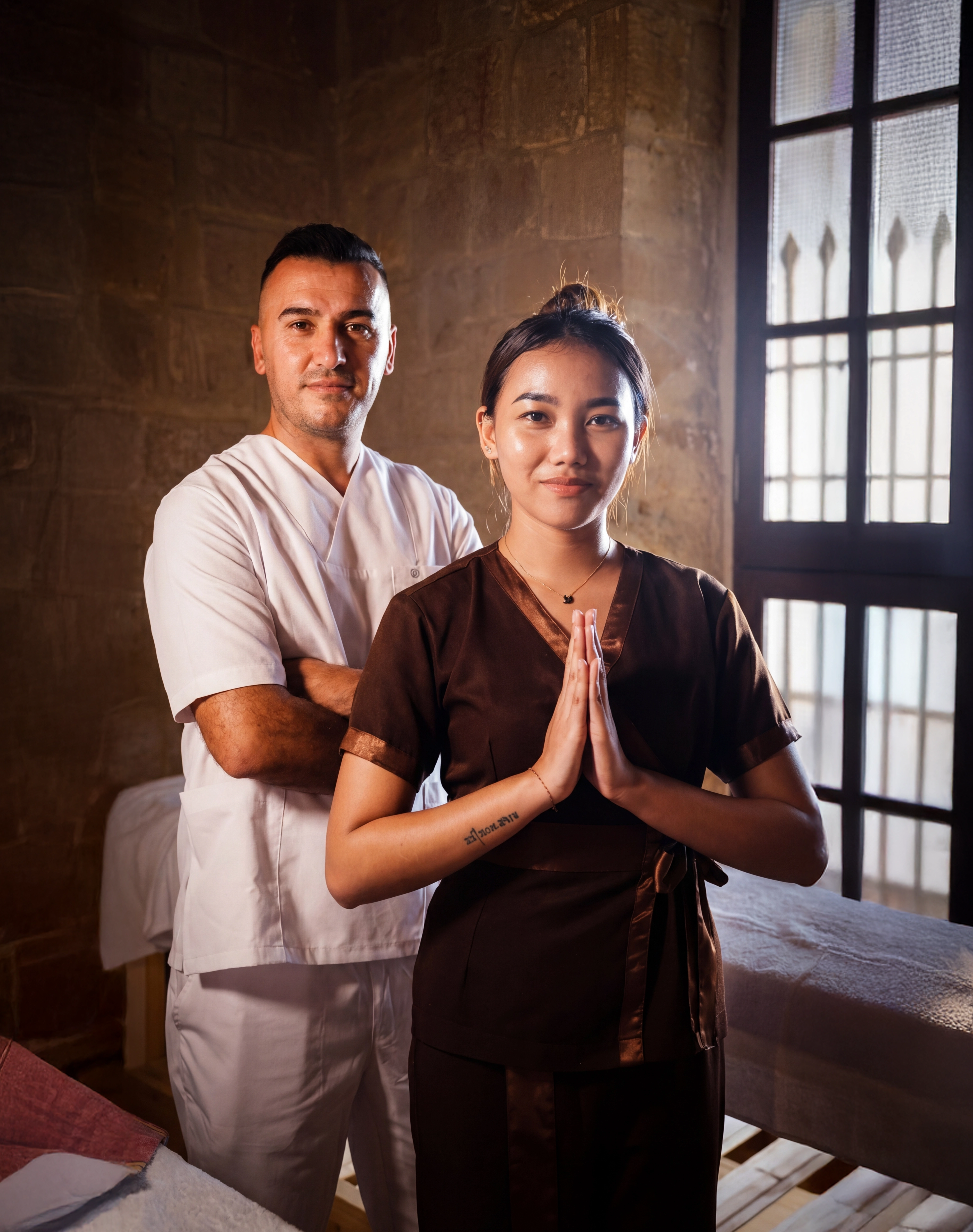 Two members of the Ürgüp Hamam treatment team in the historic stone interior